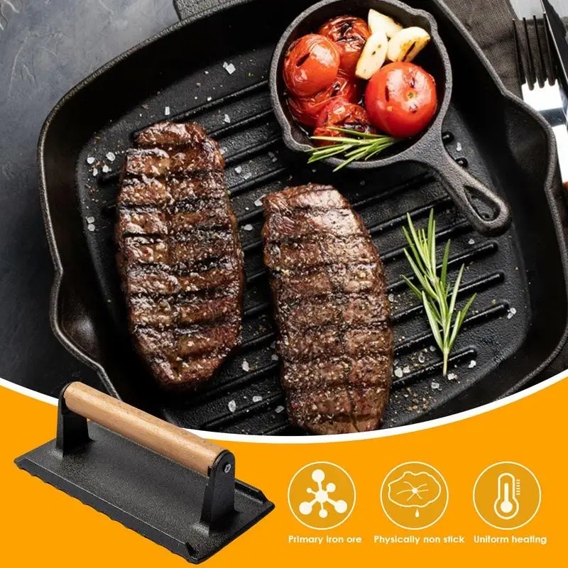 Weighted Cooking Grill Press meat press Heavy-Duty Cast Iron Press And Steak Weight With Wooden Handle Grilling Utensils And Cooking
