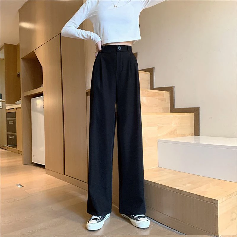 

Zoki Summer High Waist Ice Silk Suit Pants Women Fashion Korean Casual Wide Leg Trousers Simple Solid Office Lady Straight Pants