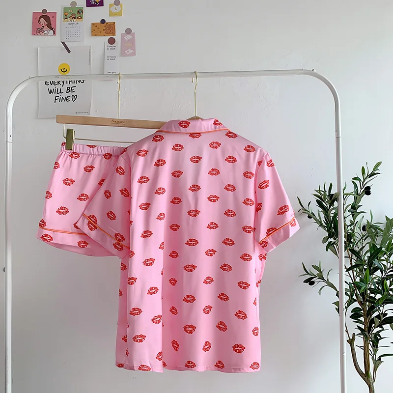 Cute Lips Elegant Pamas Set for Women Two Pieces Satin Silk Home Clothes Night Wear Summer Ladies Shorts Pjs Lounge_voghion.com