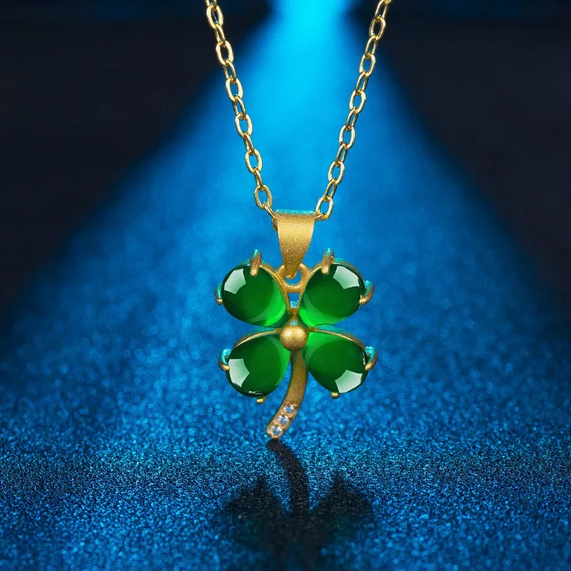 

Natural Green Jade Clover Pendant Necklace 925 Silver Fashion Jewelry Chalcedony Amulet Gifts