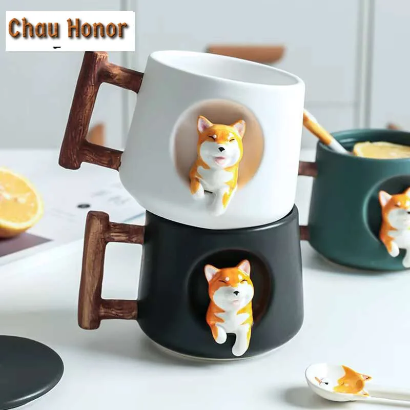 Cartoon Ceramic Mug Cute 3D Shiba Inu Pattern With Lid Spoon Girls Favorite Gift Brew Milk Tea Couple Drinking Water Coffee Cup