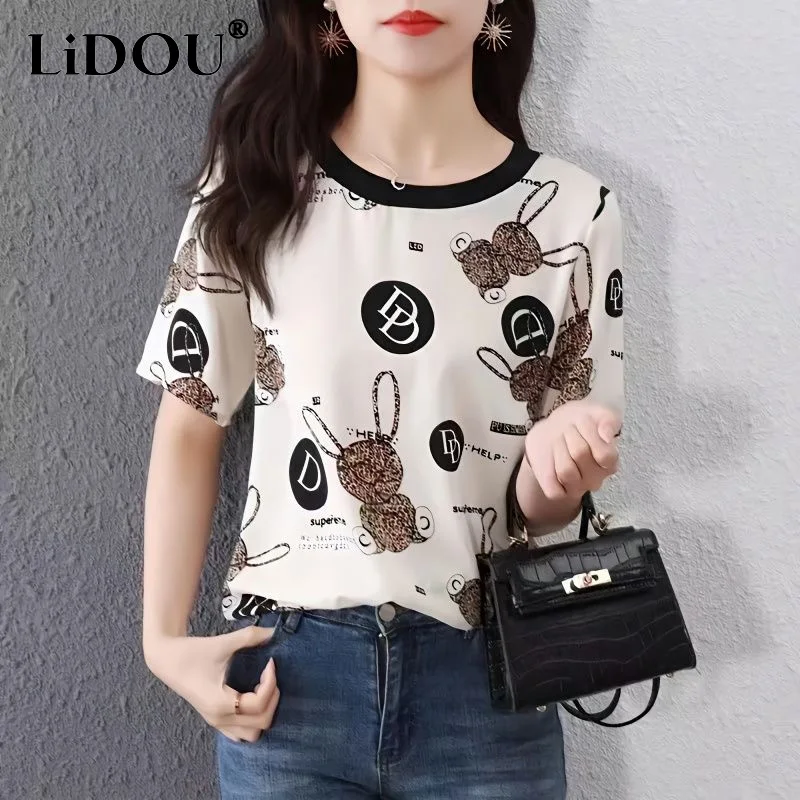 

2023 Summer New Round Neck Short Sleeve Thin Style Ice Silk Fabric T-Shirts Women 3Dprinting Loose Casual Pullovers Ladies Tees