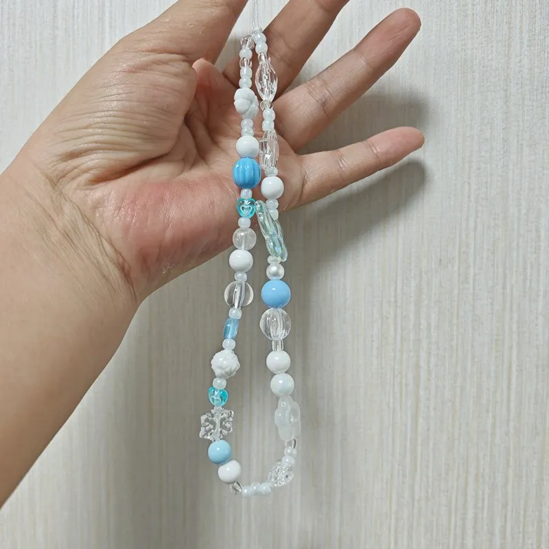 Blue Flower & Butterfly Beaded Phone Charm Lanyard Strap
