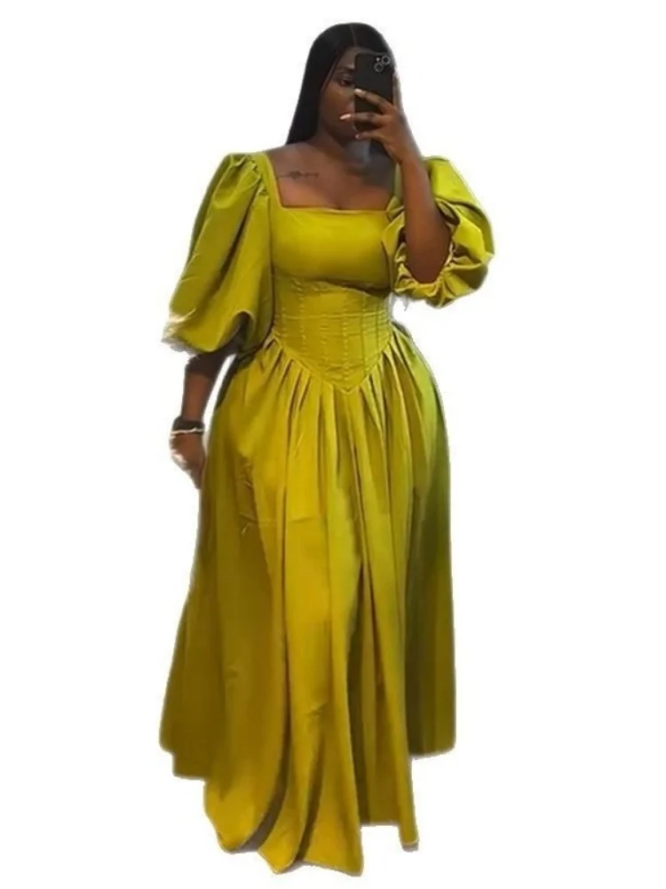 Wmstar Dress Wholesale 2025 Summer New Style Sweet Fresh Square Neck Corset Waist Tie Lantern Sleeve A Line Long Dresses