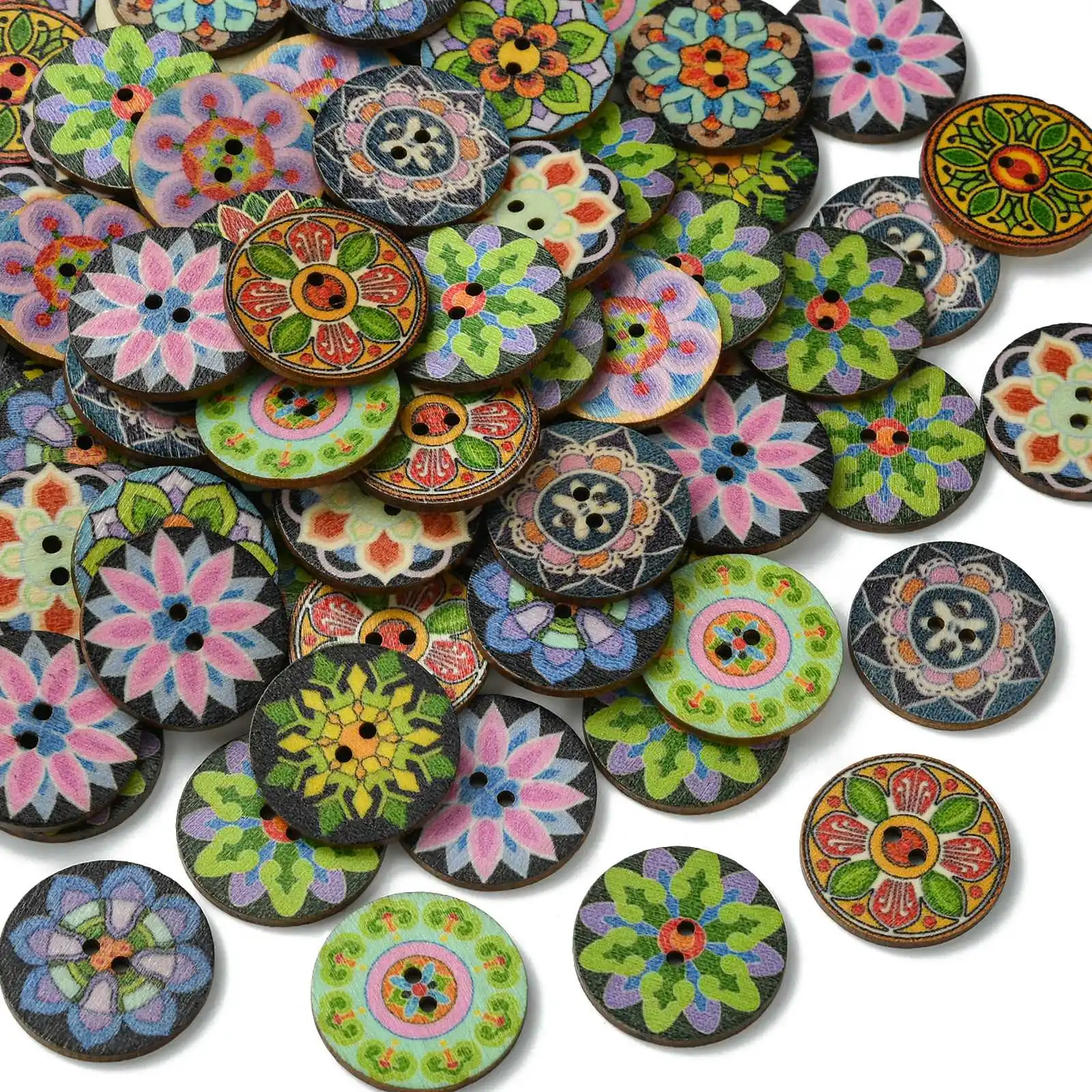 Panda hall 200pcs zufällige 25mm Holz knöpfe Vintage runde Holz blumen knöpfe dekorative Knöpfe für DIY Nähen Handwerk