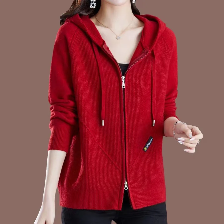 

Женский Однотонный свитер, весенний вязаный кардиган 2024, корейский модный топ с капюшоном, свободная повседневная трикотажная одежда на молнии, пальто