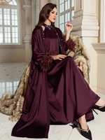Eid femmes musulmanes plumes diamants Kimono Cardigan robe intérieure 2 pièces ensemble de luxe dubaï Abaya caftan Djellaba Jalabiya islamique 6