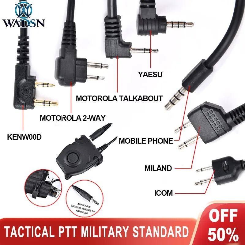 Wadsn Tactical PTT Push-Talk Button Military Headset Comtact Headphone Motorola Kenwood Icom Midland Plug Baofeng Radio
