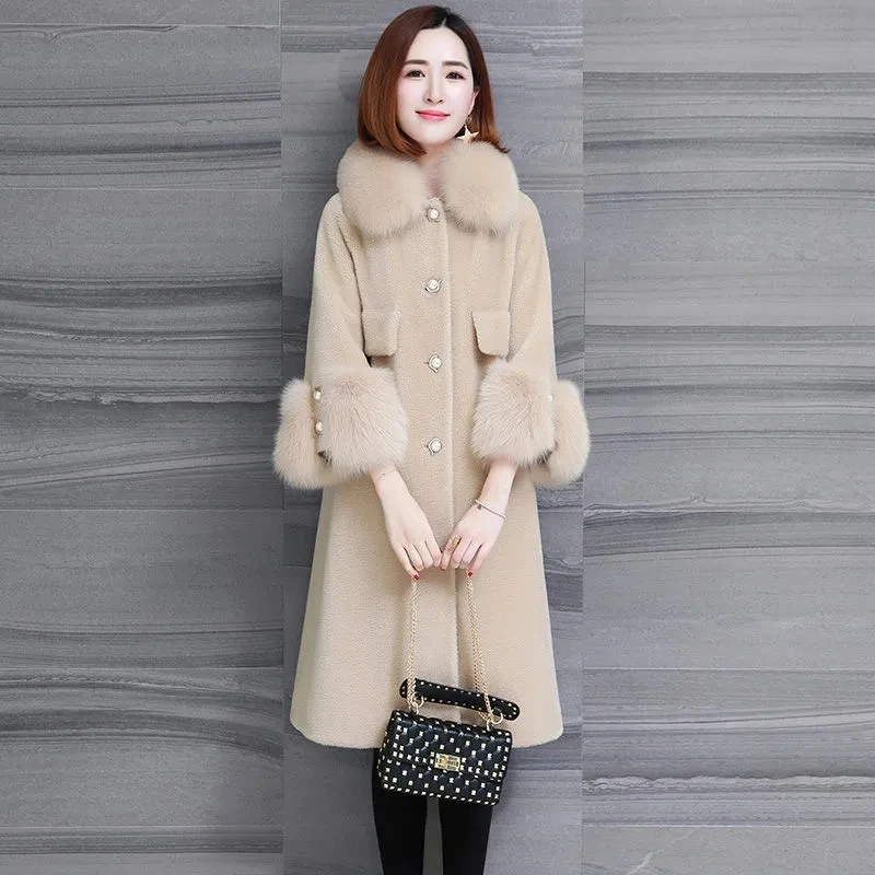 

2023 Autumn Winter New Women Pellet Fleece Imitation Lamb Wool Women'S Mid-Length Fur Coat Women Warm Thicken Woolen Coat