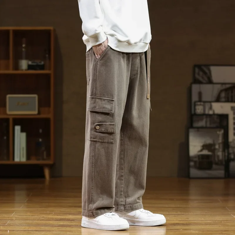 Men Cargo Pants Cotton Straight Wide Leg Oversize Pants Male Korean Style Autumn Big Size Fashion Pockets Casual wide leg pants men cargo pants
