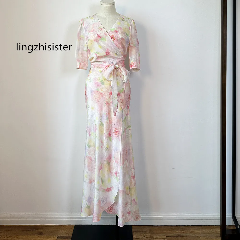 

lingzhisister Silk Long Skirt Set High Waist Slit Maxi Skirt Top Suit 2024 Summer V-Neck Print Fairy Twinset New Arrive