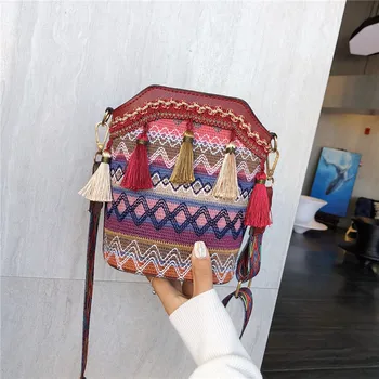 Borsa da donna Boho borsa a secchiello a tracolla intrecciata a mano etnica con nappe Vintage borsa a tracolla a tracolla Hippie borsa da donna borsa a mano