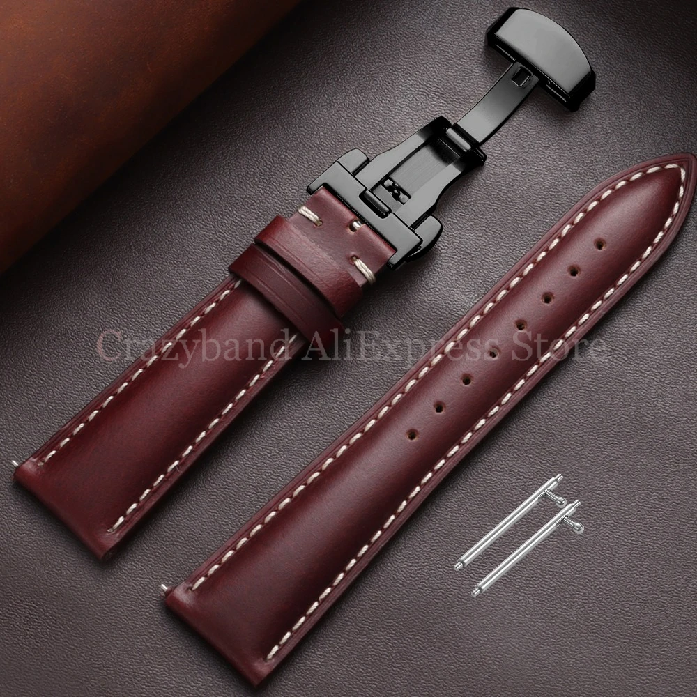Premium Oil Wax Discoloration Calf Leather Watch Strap with Butterfly Buckle
