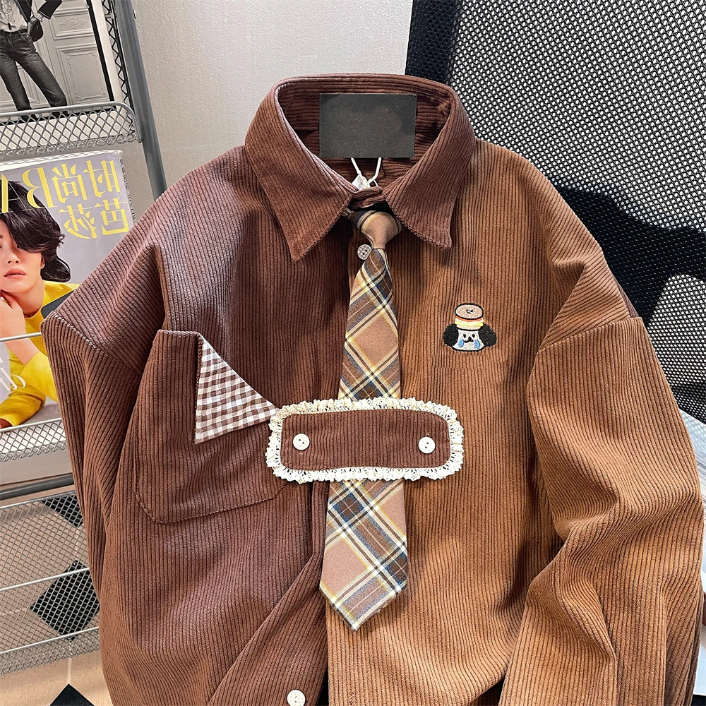 Retro American Contrast Color Embroidered Dog Tie irt Men's Women's Design Hong Kong Sle Corduroy irt Jaet