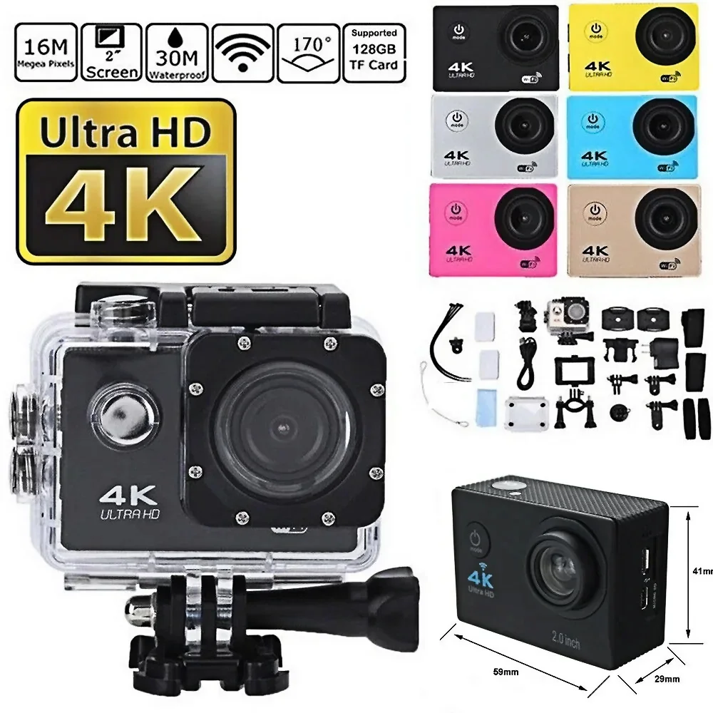 액션 카메라 울트라 HD 4K 30fps 와이파이 2.0 인치 170D 수중 방수 헬멧..