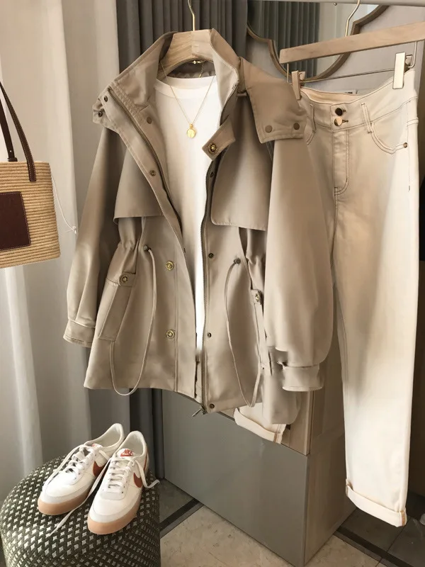 

Khaki Hooded Trench Coat For Women's New Spring And Autumn Clothing, Short Spring And Autumn Jackets For Women's Clothing