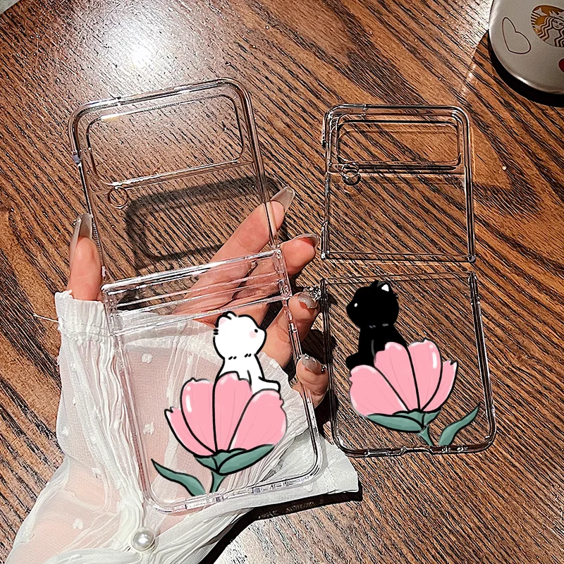 Schwarze Katze auf Blumen Paar Handyhülle für Samsung Galaxy Z Flip6 Flip5 5G Schutzhülle Samsung ZF Flip4 3 Transparente Hülle