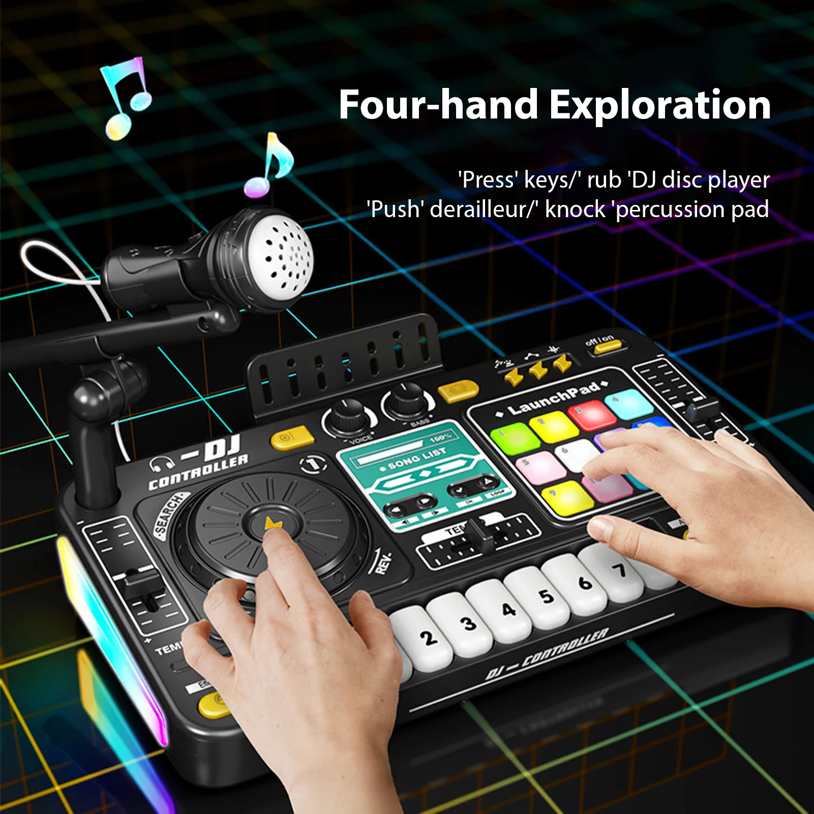 DJ Controller for Kids DJ Disc Player Electronic Keyboard BT DJ Mixer Table with Adjustable Microphone Dynamic Lighting Effects