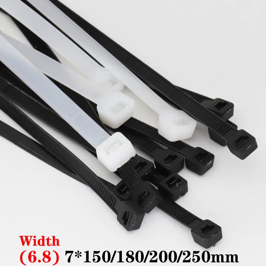 자체 잠금 나일론 플라스틱 스트랩 랩, 지퍼 타이 번들, 케이블 타이, 7*150mm, 180mm, 200mm, 250mm 너비, 화이트 블랙 와이어, 6.8mm
