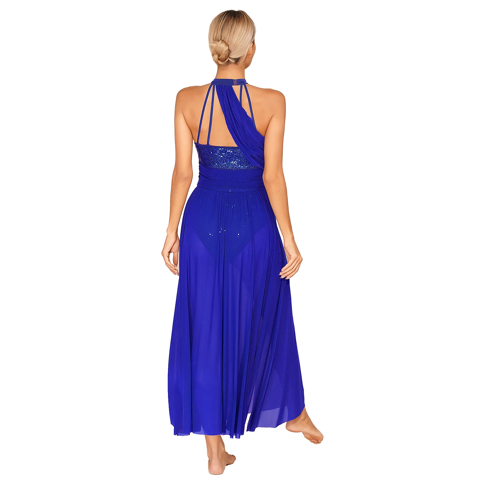 Womens Sparkly Sequin Strappy Figure Skating Ballet Dance Dress Ruched Waist Side Split Sheer Mesh Lyrical Modern Dance Dresses