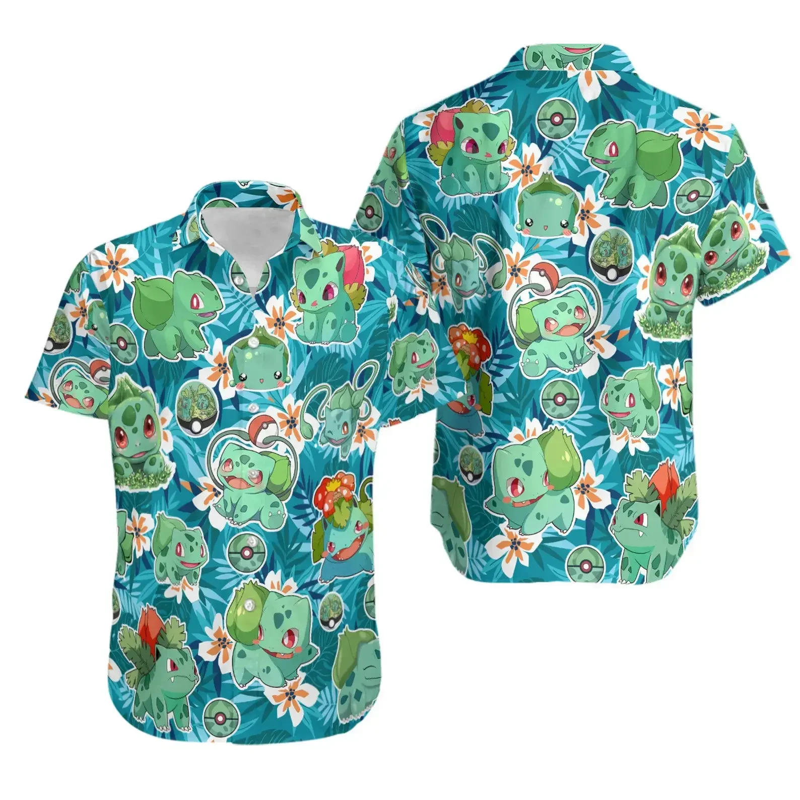 

Гавайская рубашка Bulbasaur с тропическими вибриками Мужская рубашка с короткими рукавами на пуговицах Покемон Пикачу Повседневная пляжная рубашка мультяшная Детская рубашка