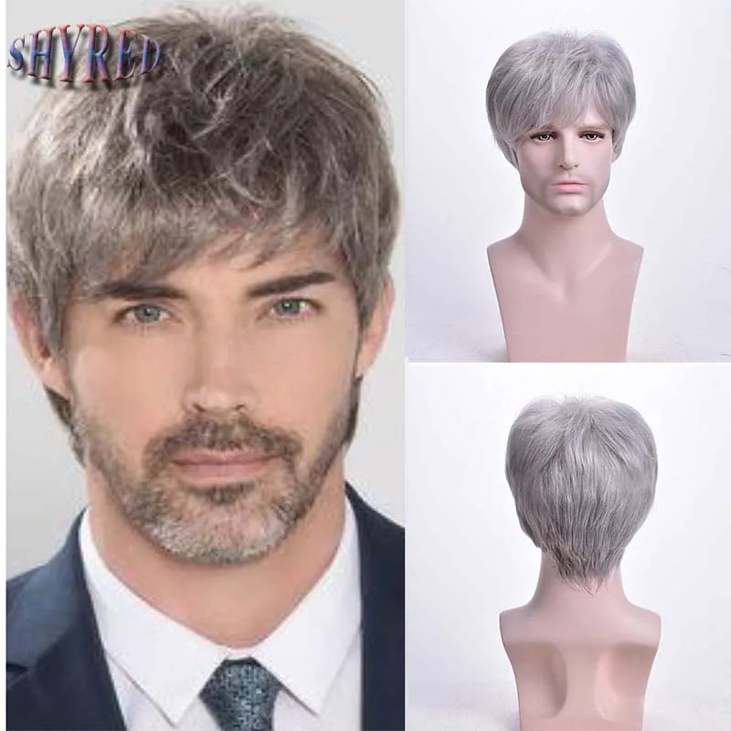 

Short Gray Synthetic Wigs for Men Soft Hair with Bangs Wigs for Male Guys Fashion Daily Party Wigs