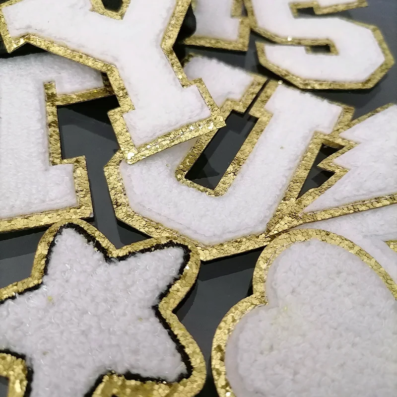 8cm witte chenille letter gouden rand glitters patches diy art crafts varsity chenille engels letter A-Z