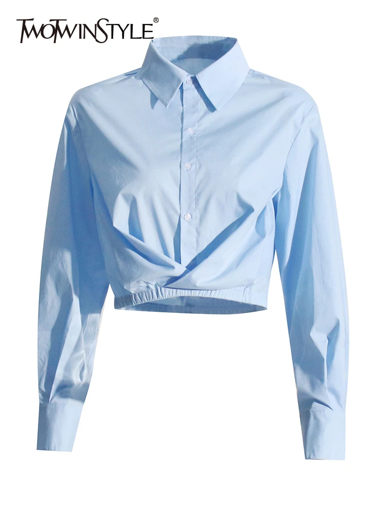 

TWOTWINSTYLE Solid Casual Slimming Minimalist Blouses For Women Lapel Long Sleeve Spliced Single Breasted Shirt Female Fashion