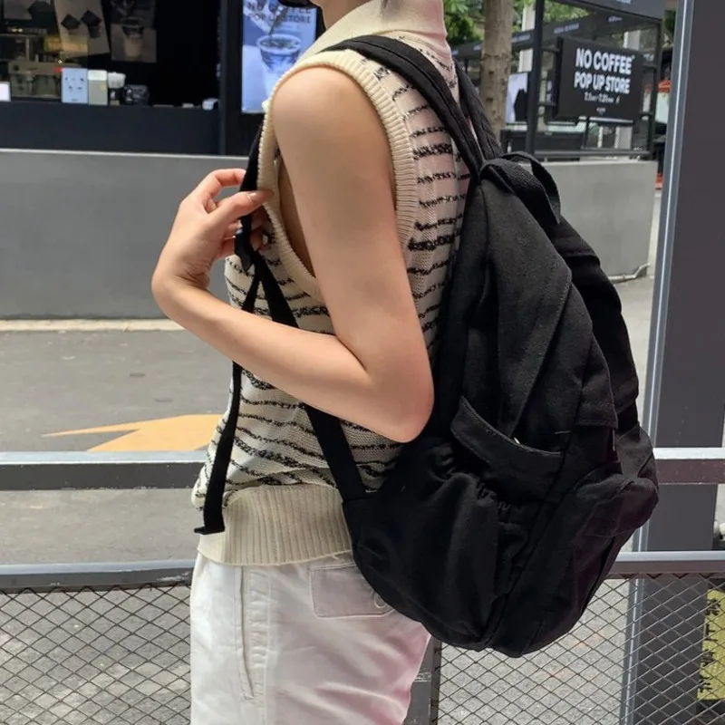 Women's Backpack 2024 New Solid Color Simple Washed Canvas Large Capacity Retro Fashion Versatile Mochila