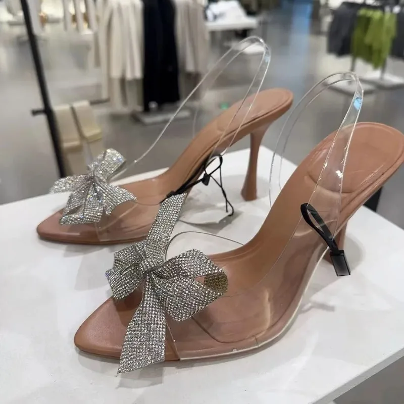 Summer Transparent Slingbacks Women's Sandals Luxury Rhinestone Bow Elegant Pointed Toe High Heeled Bridal Wedding Shoes women slingback sandals women high heels shoes