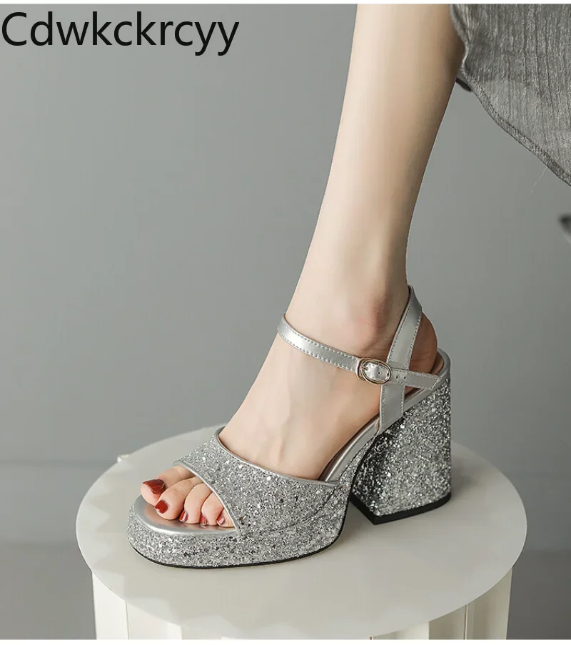 

summer New styles fashion Exposed toe high-heeled women's sandals Sequin sexy party Buckle Square heel women sandals high 9.5cm