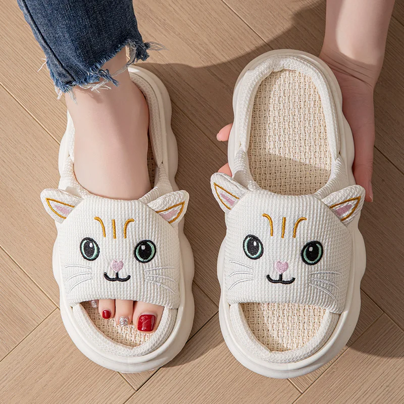 2025Cat Couple Women Slippers Fashion Breathable Indoor House Slippers Sweat-absorbing Linen Antiskid comfort Casual Slippers