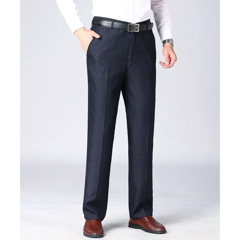 2023 Casual Men's Solid Color Straight Pants Autumn Winter Male Clothes Business Office Pockets Mid Waist Thickening Trousers
