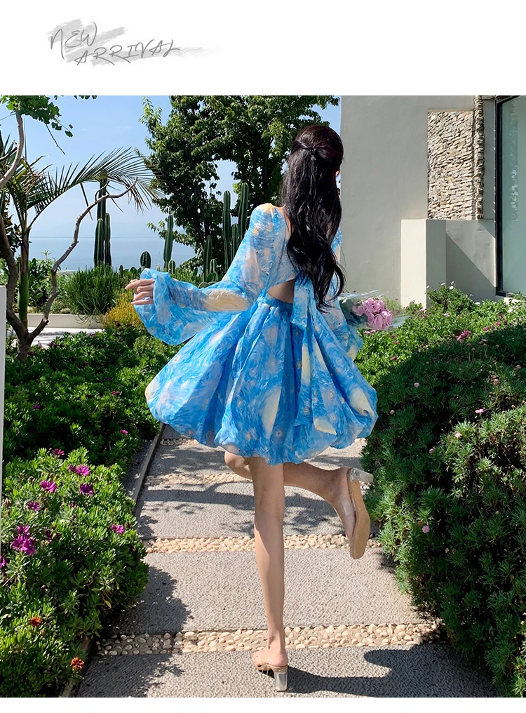 Elegant Printed Short Dresses for Women Backless Holiday Beach Style Lantern Sleeves A-line Floral Mini One Piece Vestido Mujer