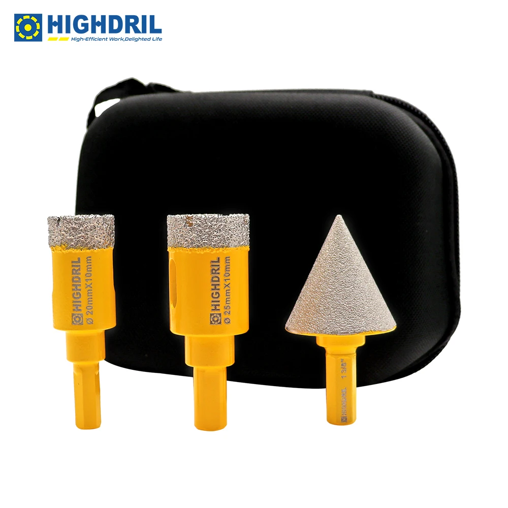 

HIGHDRIL Diamond Core Bits Triangle Shanks 3pcs/set 20/25mm Drill Bits+Chamfer Bit for Granite Marble Ceramic Hole Saw