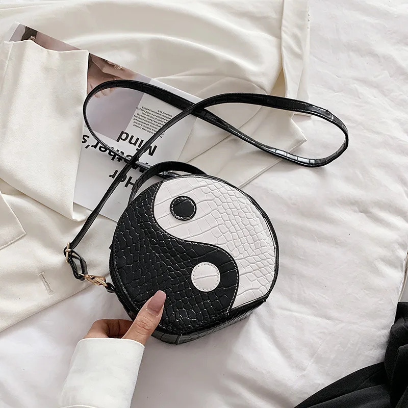 Women's Leather New Fashion Black And White Patchwork Color Small Round Bag, Casual Shoulder Crossbody Handbag