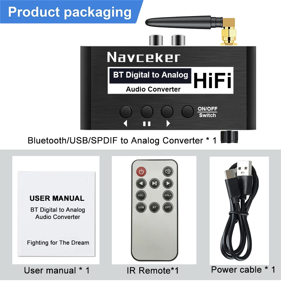 Navceker DAC Digital to Analog Audio Converter With Bluetooth Receiver Optical Toslink USB Disk to RCA 3.5mm Jack Stereo Adapter audio converter adapter
