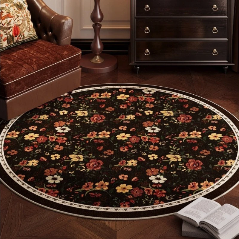 Round Living Room Carpet European Retro Floral Luxury Bedroom Plush Rug Foldable Machine Washable Non-slip Cloackroom Mats Tapis