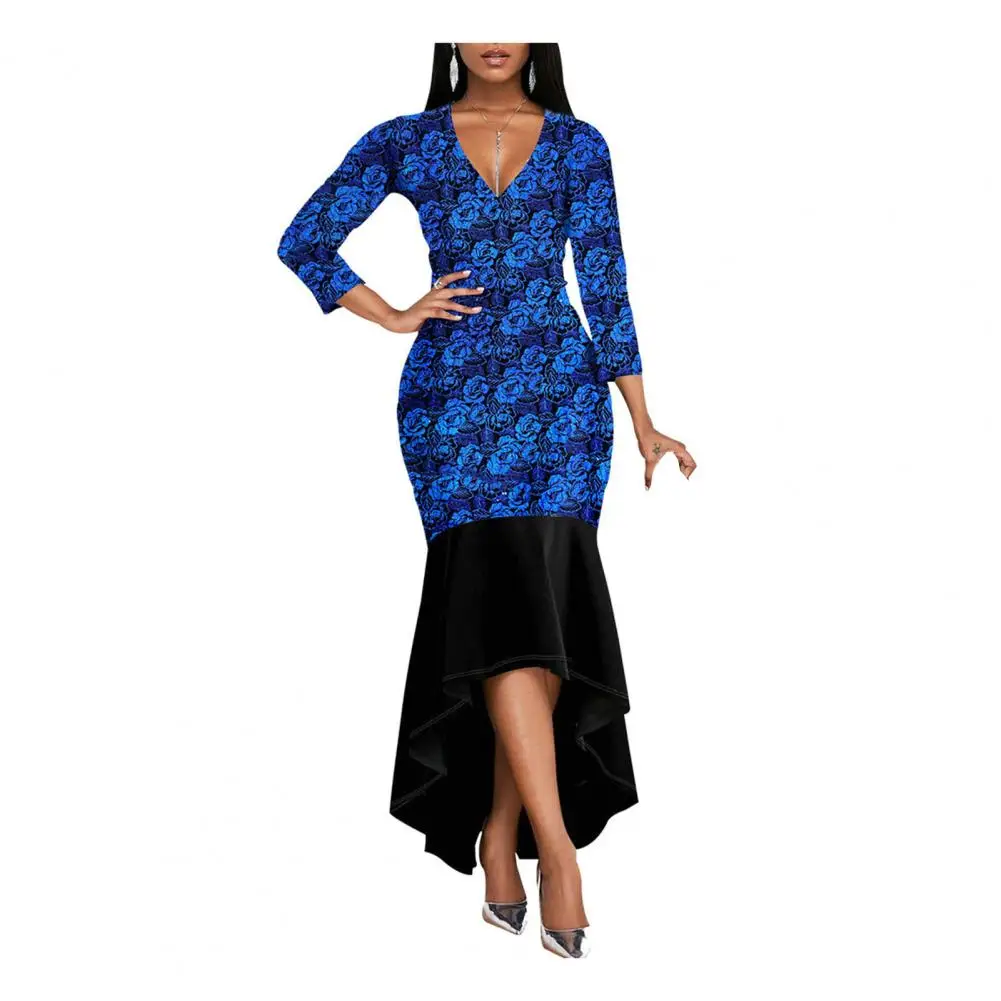 

Sexy Women Printed Dress V-Neck 3/4 Sleeve Dress Fishtail Hem Hip Wrapped Dress Party