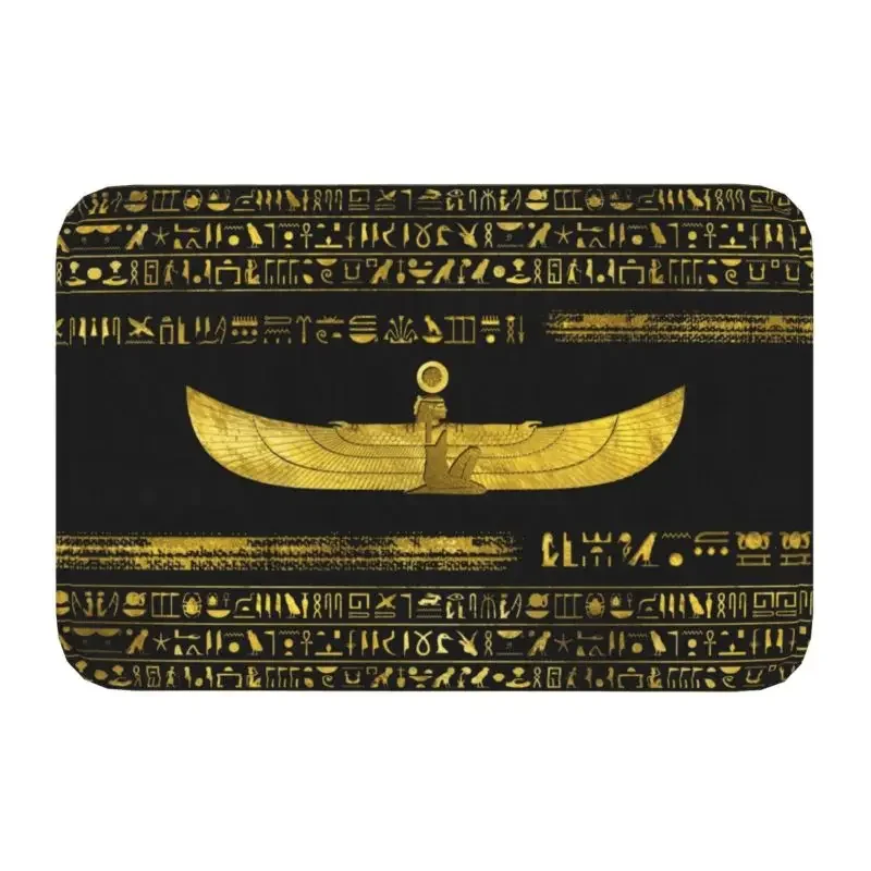 

Golden Egyptian God Ornament On Black Leather Doormat Non-Slip Bath Kitchen Mat Living Room Door Floor Entrance Carpet Rug