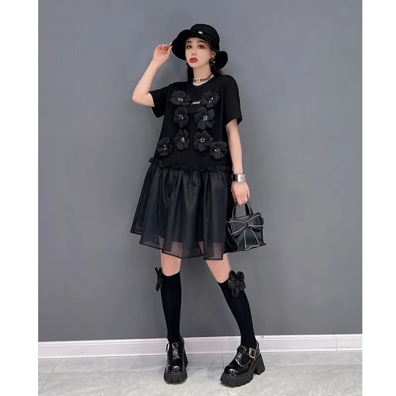 

2023 Summer Short Sleeve Dress Loose Leisure Three-dimensional Flower Splicing Mesh Leisure Dress