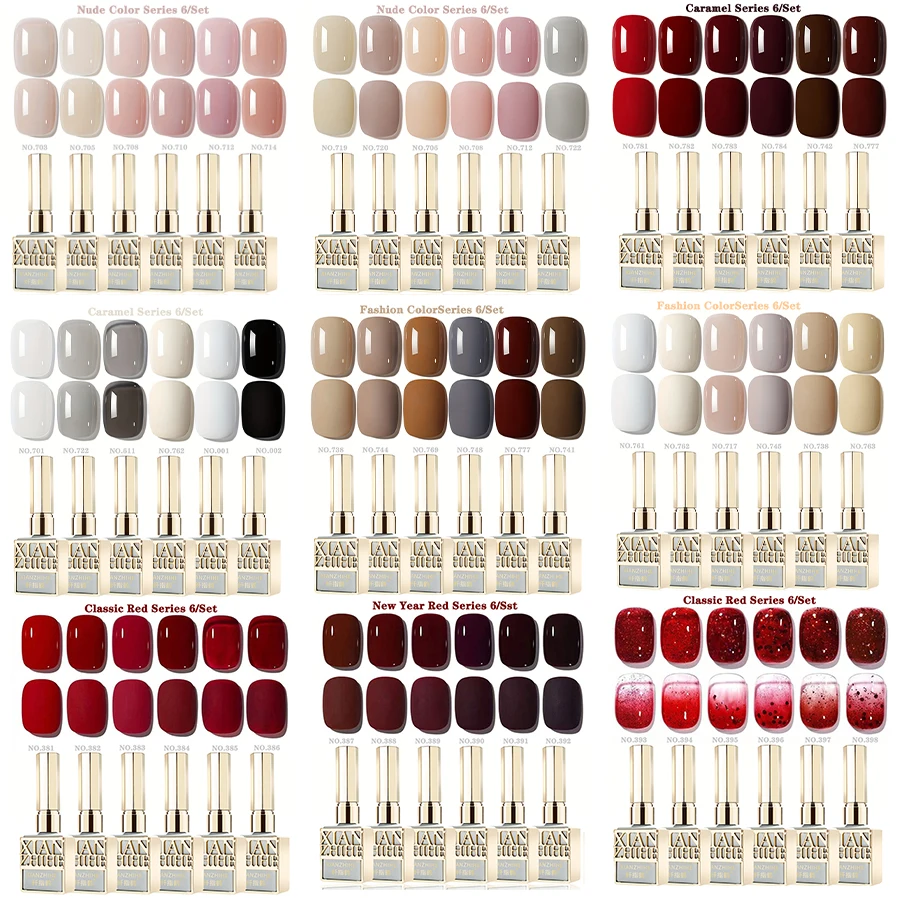 6-Piece Festive Red Nail Gel Polish Set with Glitter & Solid Colors