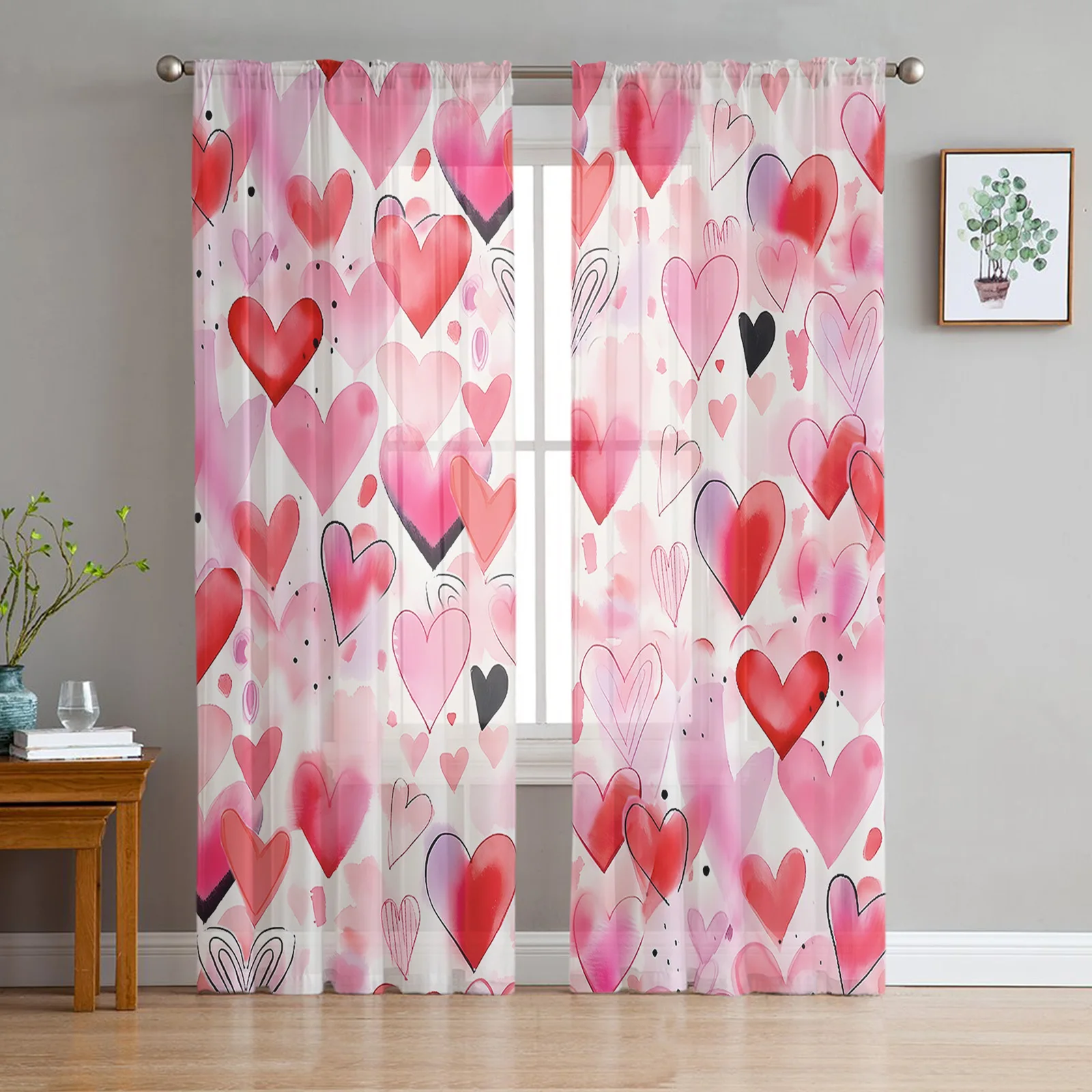 

Valentine'S Day Watercolor Love Hand Drawn Tulle Voile Curtains for Bedroom Living Room Window Curtain Sheer Organza Drapes