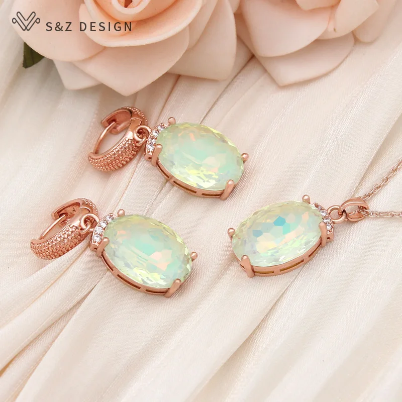 S&Z DESIGN New Fashion Egg Shape Oval Crystal Dangle Earrings Jewelry Sets For Women 585 Rose Gold Color Wedding Necklace Gift