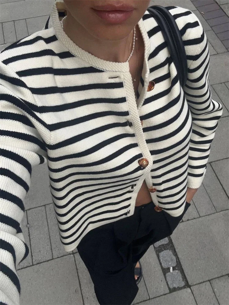Suéter de punto a rayas, cárdigan, abrigo para mujer, suelto, de manga larga, a la moda, ajustado, con parches en contraste, prendas de vestir exteriores, abrigo de punto de verano