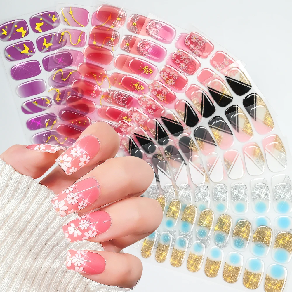 5장/세트 금박 반경화 젤 네일 스티커 핑크 꽃 무가열 풀커버 젤 스티커 UV ..