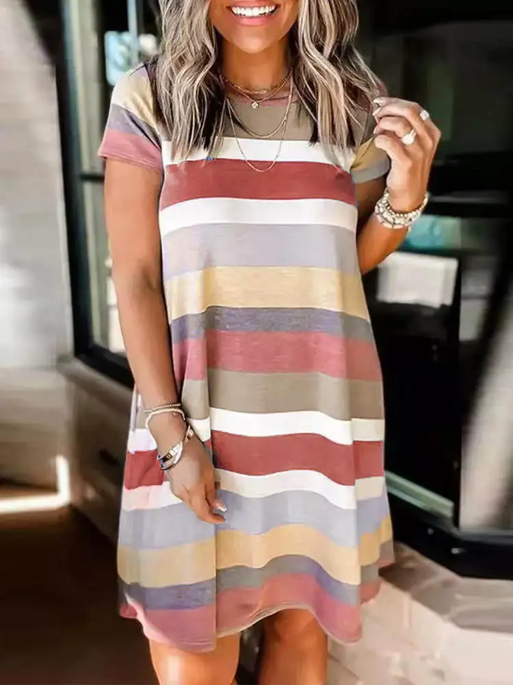 

Summer Cotton Women's Dress Round Collar Short Sleeve Pullover Loose Striped Fashion Casual Dress