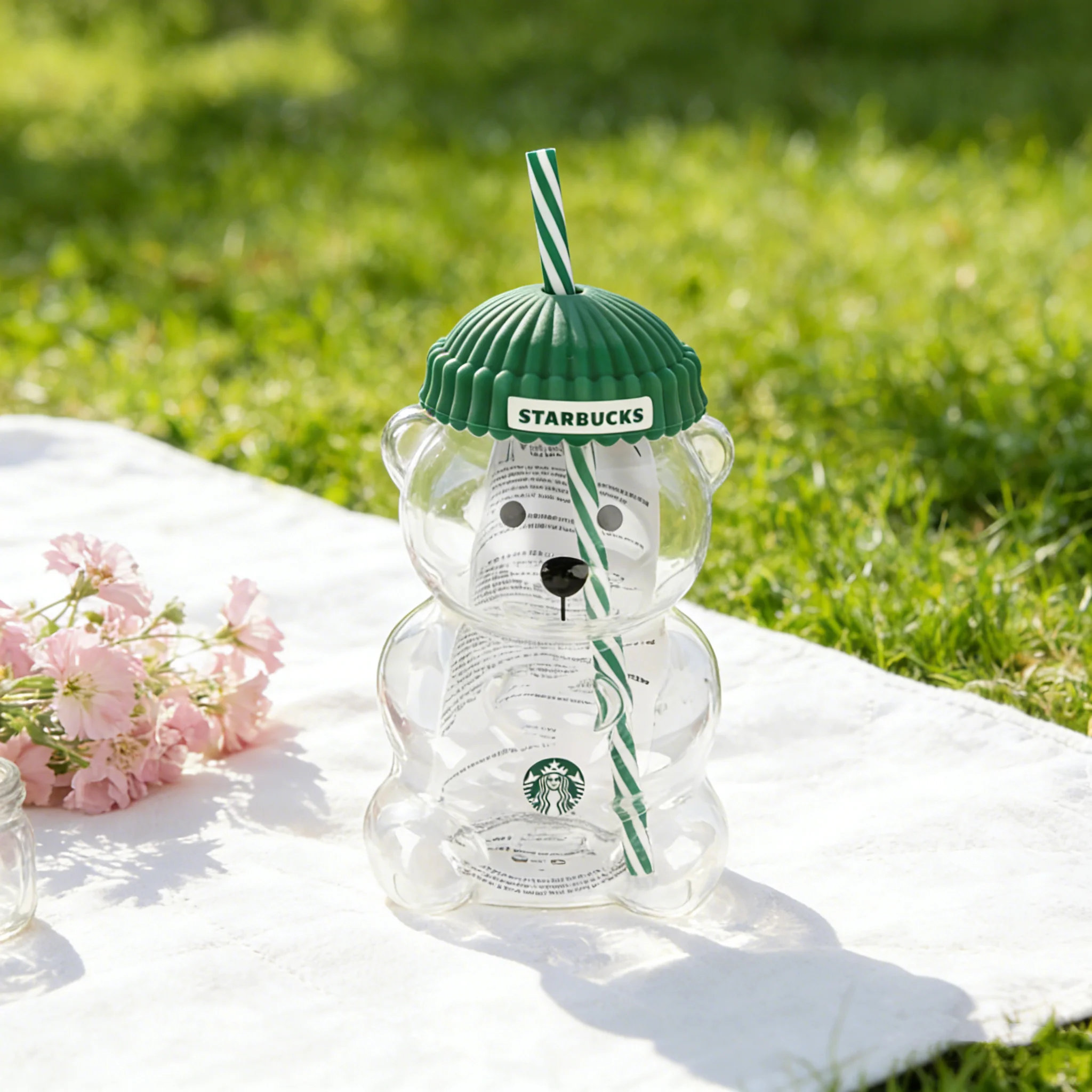 Bearista Bear Straw Tumbler - 591ml Clear Glass with Green Lid