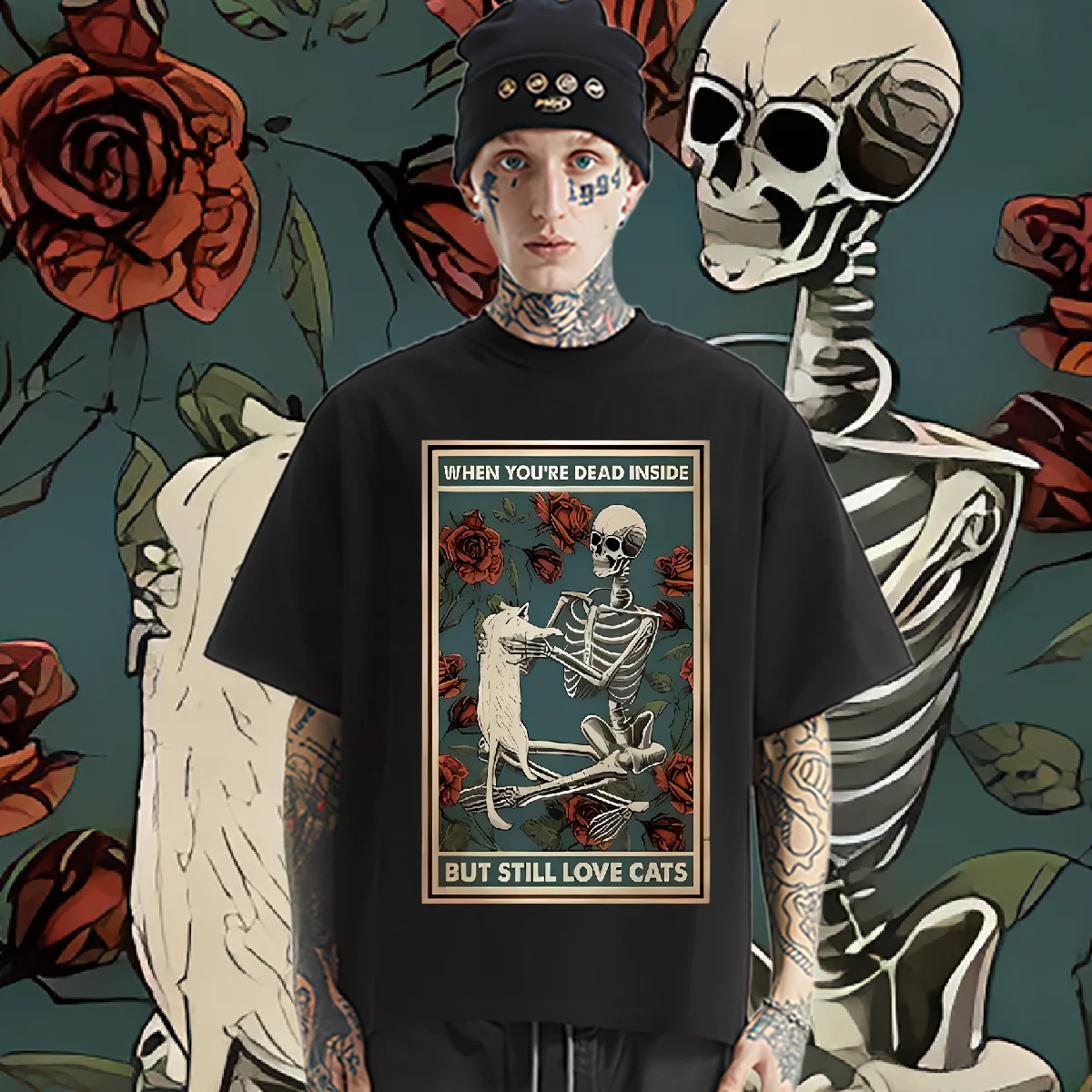 

Skull With White Cat T-shirt Oversized Milk Fiber Tees Rap Style Men Loose Shirt Lowcost Tshirt Fashion Clothes
