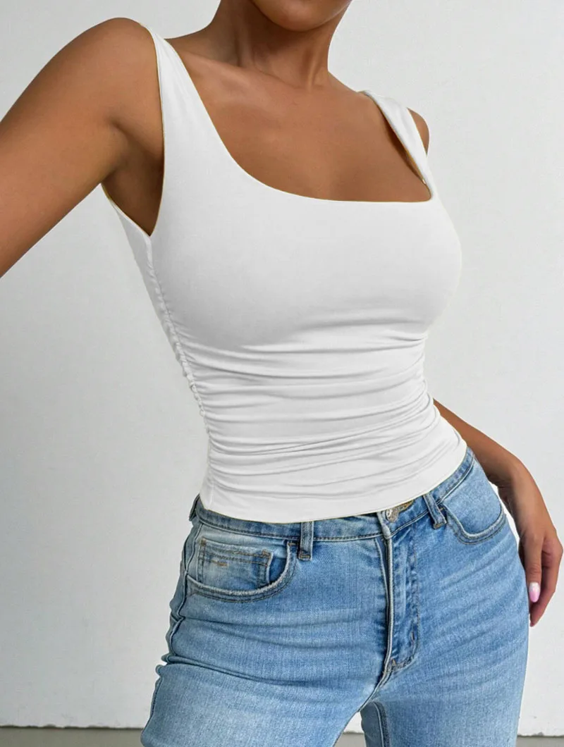 Damen Schwarz-Weißes Casual Basic Ärmelloses T-Shirt, Elegantes Schulterfreies Crop Top mit Quadratischem Ausschnitt, Sexy Figurbetontes Rückenfreies Tanktop – Detail 2